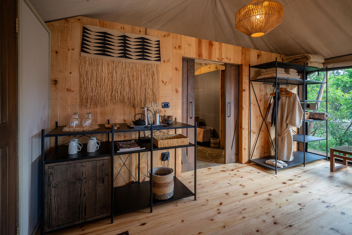 Magashi Camp Interior Storage Area of Towels Bathrobe